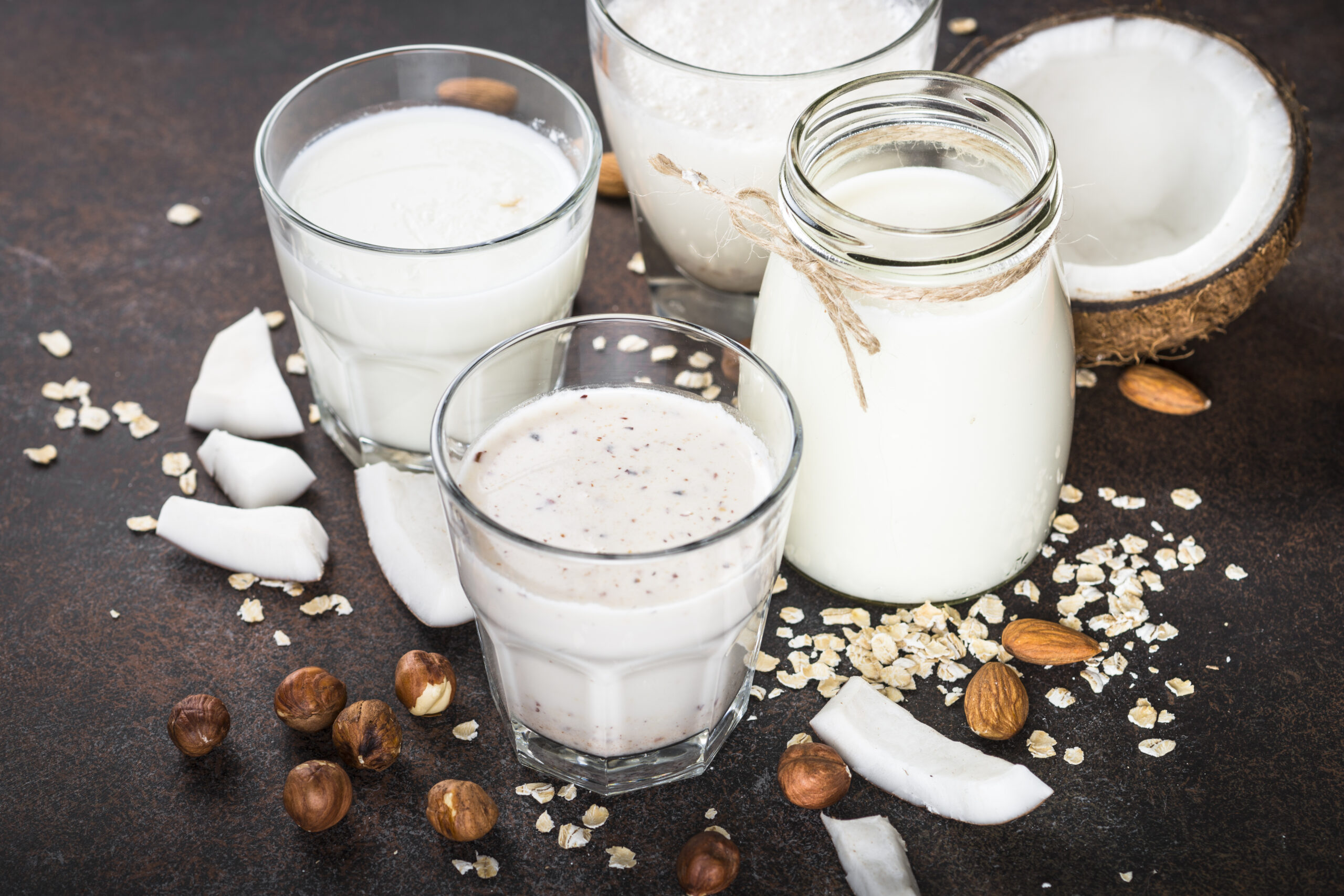 Vegan non dairy alternative milk. Coconut, almond, hazelnut, oat homemade milk on dark rusty table.